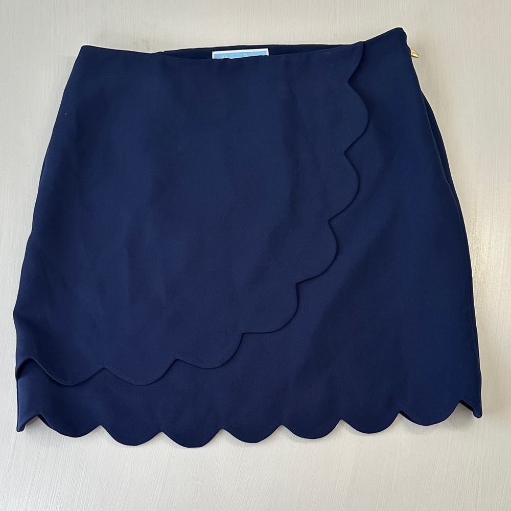 Draper James Navy Blue Scalloped Faux-Wrap Skirt